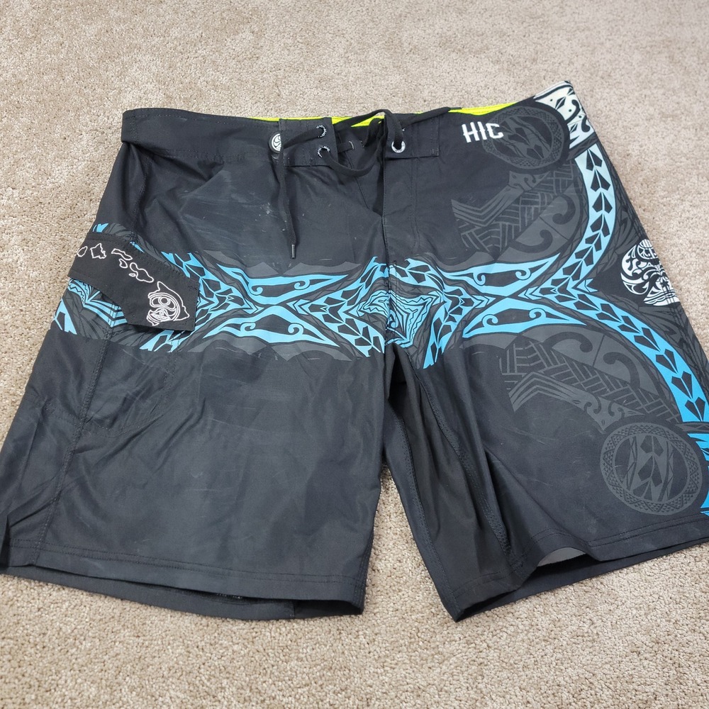 HIC Hawaiian Island Creations Mens 40 Black Blue Tribal Print Board Shorts Surf